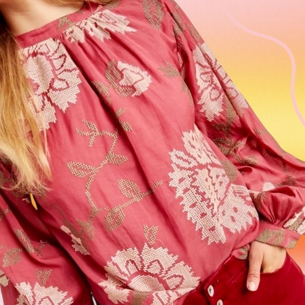 Payal Pratap ‘Rhododendron’ Embroidered Dusty Pink / Red Blouson Sleeve Top Sz 0